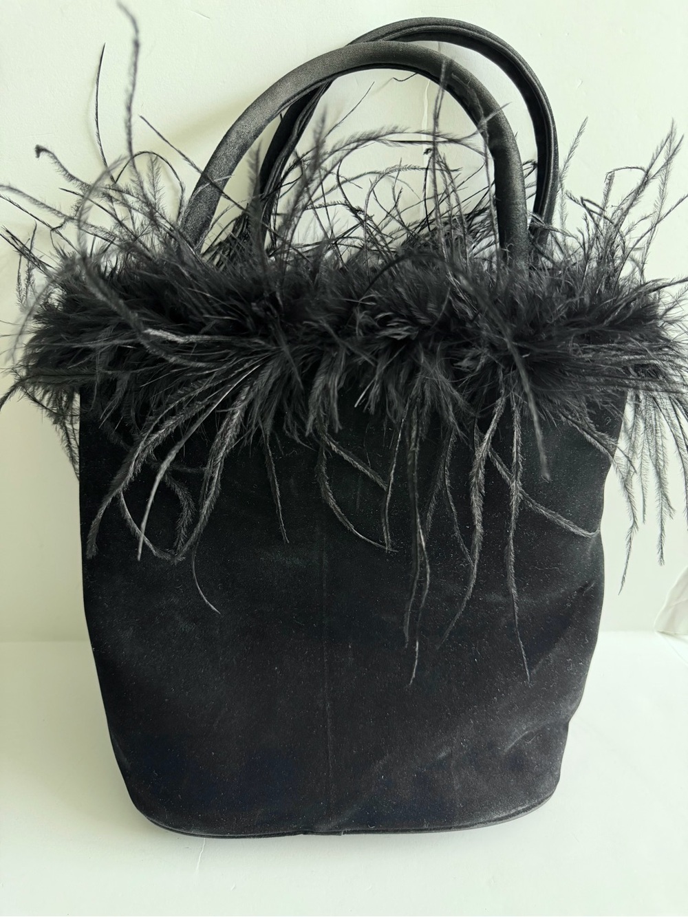 Vintage Black Feather Trim Velvet Handbag